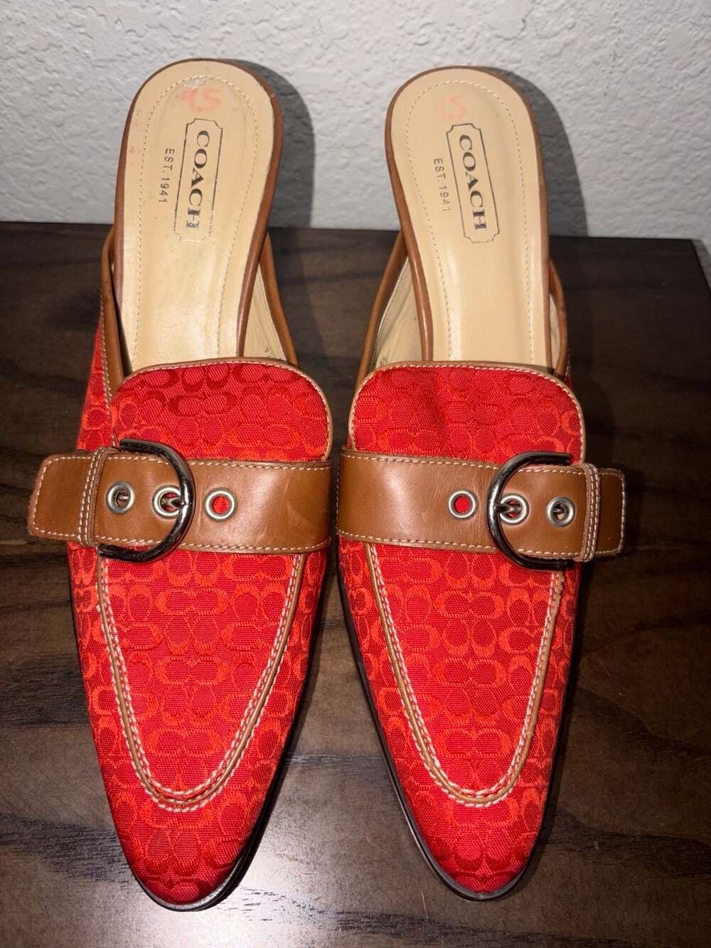 Vintage Coach Signature Jacquard Monogram Mule Heels with Leather Buckle Detail